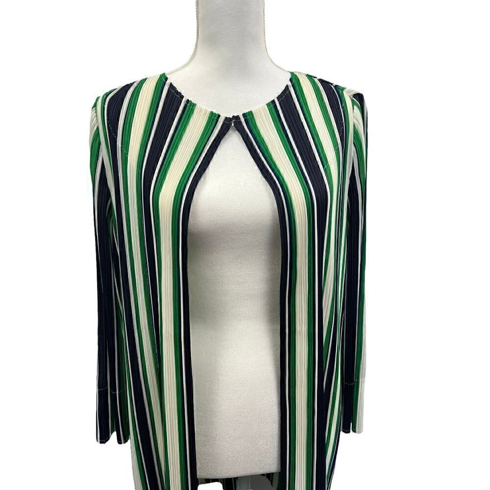 Women's Chico's  Size 1 Small, 8-10. Green, Blue Off White Strips Open Jacket